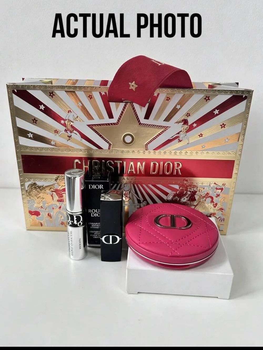Dior Rose Red Folding Mirror with Silver Mascara & Black Lipstick Case